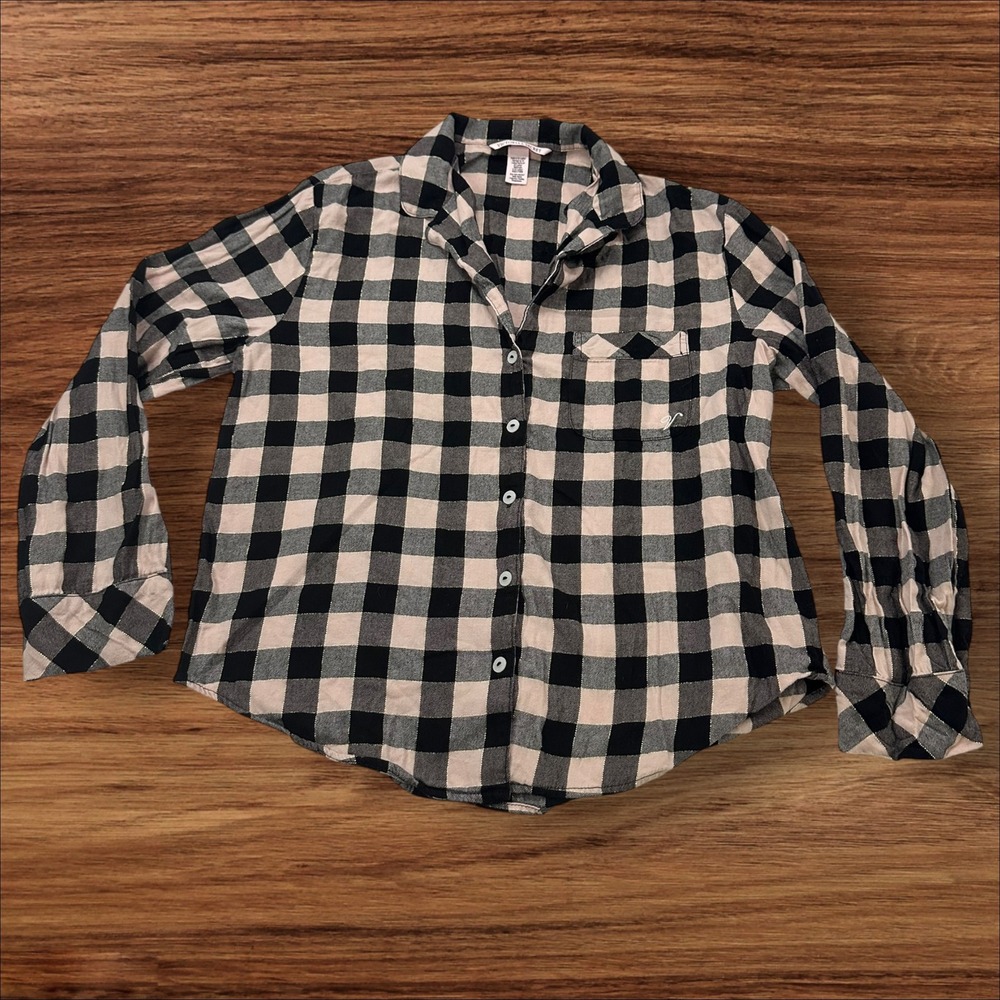 Victoria's Secret Flannel Pajama Top Plaid Button‎ Down Long Sleeve XS
